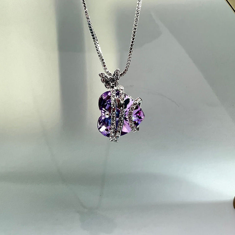 Heart-shaped Gem Inlaid With Exquisite Butterfly Colorful Crystals Women's Necklace